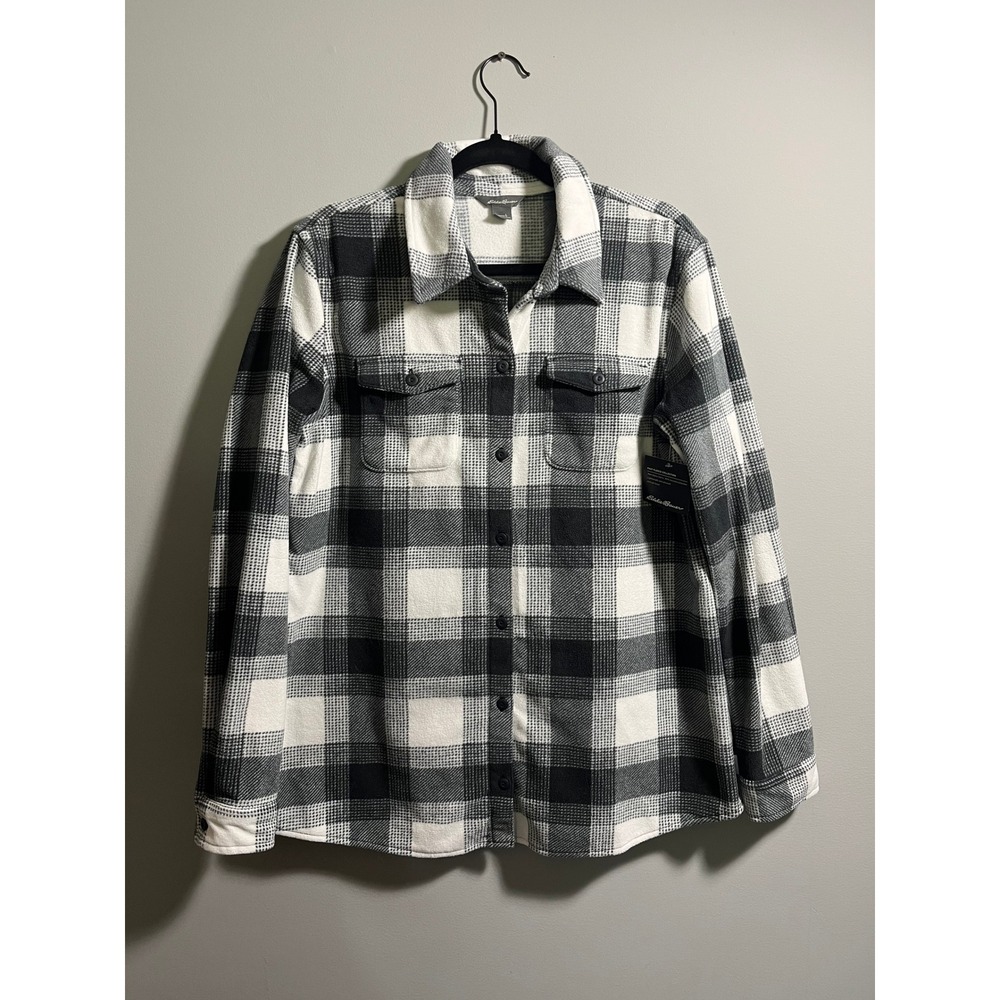 Eddie Bauer Womens Fast Fleece Shirt Jacket Black White Plaid Shacket 0482 Large